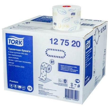 Бумага туалетная 2-сл 90 м в рулоне h99 d132 мм 27 шт в наборе T6 PREMIUM с голубым тиснением белая TORK 1 уп