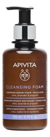 Apivita Пенка Cleansing Creamy Foam Face & Eyes Olive, Lavender & Propolis Очищающая для Лица и Глаз с Оливой, Лавандой и Прополисом Флакон-Помпа, 200 мл