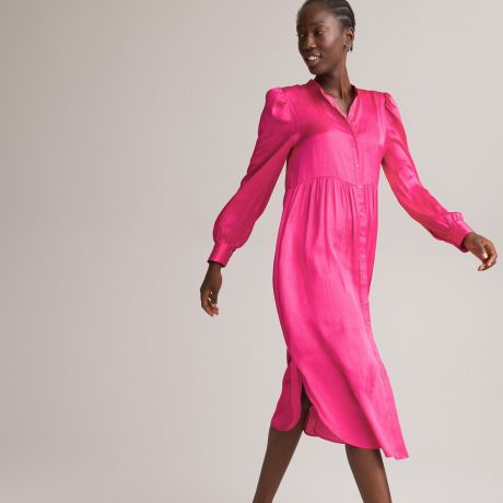 Длинное LaRedoute Длинное Платье-рубашка с длинными рукавами 46 розовый