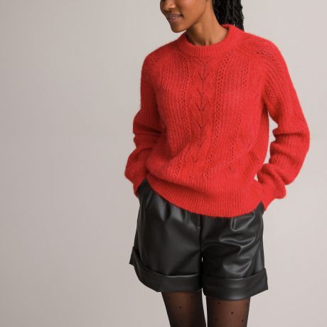 Пуловер LaRedoute Пуловер С круглым вырезом из альпаки с косичками S красный