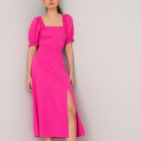 Платье LaRedoute Платье Длинное с квадратным вырезом из смешанного льна 40 розовый