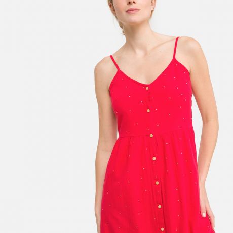 Платье LaRedoute Платье Короткое с принтом в горошек на тонких бретелях S красный