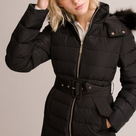 Куртка LaRedoute Куртка Стеганая длинная с капюшоном с искусственным мехом 36 (FR) - 42 (RUS) черный