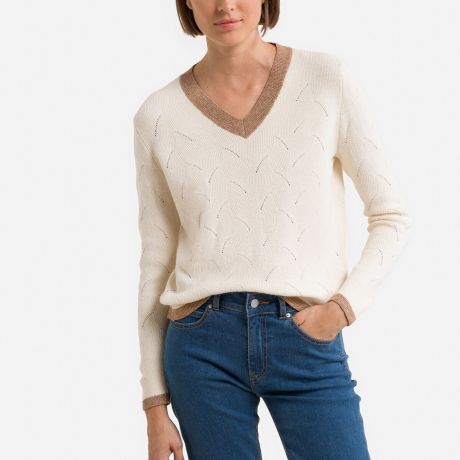 Пуловер LaRedoute Пуловер С V-образным вырезом из тонкого трикотажа L белый