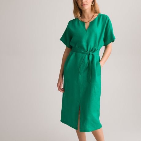 Прямое LaRedoute Прямое Платье из льна до колен с короткими рукавами 42 зеленый