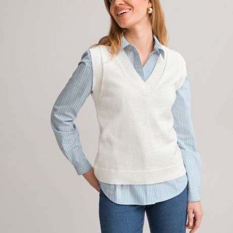 Пуловер LaRedoute Пуловер Без рукавов из хлопка с V-образным вырезом 46/48 (FR) - 52/54 (RUS) белый