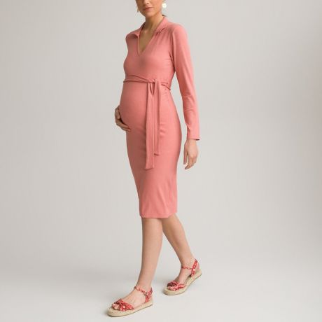 Платье LaRedoute Платье Для периода беременности прямое воротник-поло длинные рукава XL розовый