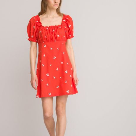 Платье LaRedoute Платье Короткое с квадратным вырезом и вышитыми цветами 46 красный
