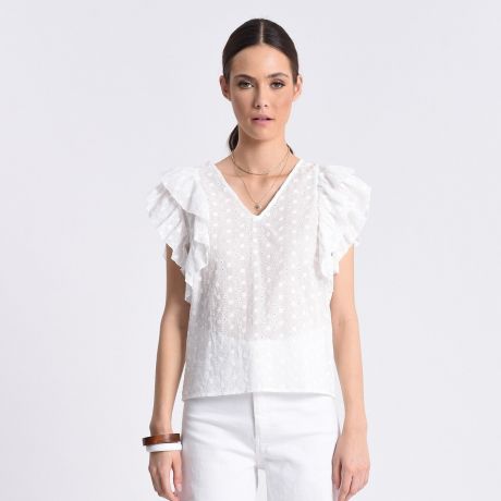 Блузка LaRedoute Блузка С английской вышивкой и рукавами с воланами XS белый