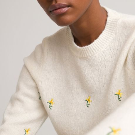Пуловер LaRedoute Пуловер С круглым вырезом длинными рукавами и вышитыми цветами L белый