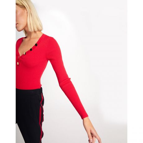 Пуловер LaRedoute Пуловер С V-образным вырезом с золотистыми пуговицами M красный