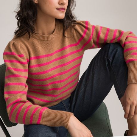 Пуловер LaRedoute Пуловер В полоску с круглым вырезом и длинными рукавами M розовый