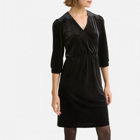 Платье LaRedoute Платье Прямое средней длины с длинными рукавами из велюра 46 черный