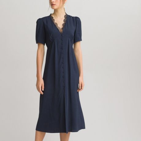 Платье LaRedoute Платье Длинное V-образный вырез короткие рукава 42 синий