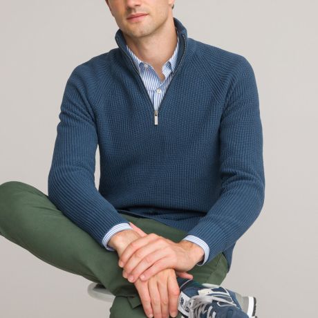 Пуловер LaRedoute Пуловер С воротником-стойкой на молнии в английский рубчик S синий