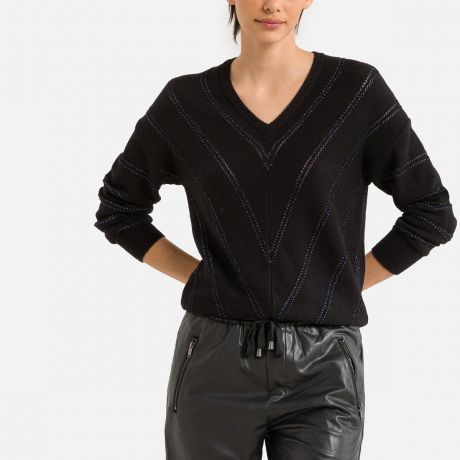Пуловер LaRedoute Пуловер С круглым вырезом из тонкого трикотажа радужные вставки XS черный