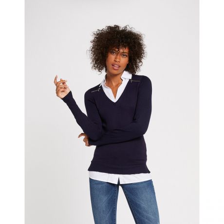 Пуловер-рубашка LaRedoute Пуловер-рубашка 2 в 1 ссо вставками застежек на молнию на плечах S синий