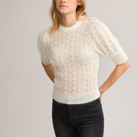 Пуловер LaRedoute Пуловер С круглым вырезом и короткими рукавами сделано в Европе S белый