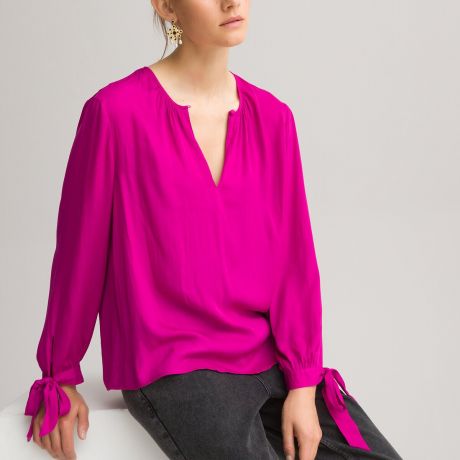 Блузка LaRedoute Блузка С круглым вырезом и длинными рукавами с завязками 34 (FR) - 40 (RUS) розовый