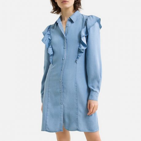 Платье-рубашка LaRedoute Платье-рубашка С воланами из джинсовой ткани 44 синий