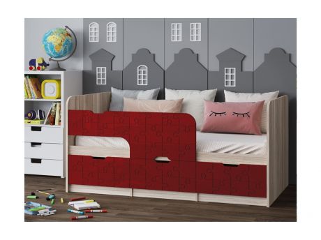 Детская кровать Юниор-9, 80х160 (Красный металлик, Ясень шимо