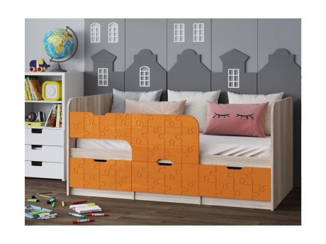 Детская кровать Юниор-9, 80х180 (Ясень шимо светлый, Оранжевый