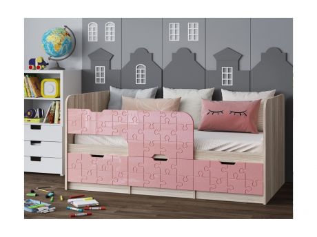 Детская кровать Юниор-9, 80х180 (Ясень шимо светлый, Розовый