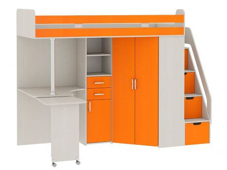 Кровать-чердак со шкафом и столом Рада Сосна карелия, Оранжевый, ,