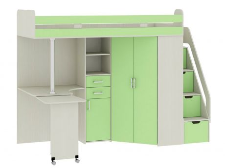 Кровать-чердак со шкафом и столом Рада Сосна карелия, Зеленый, , ЛД