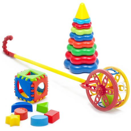 Развивающие игрушки Тебе-Игрушка Набор Каталка Колесо + Игрушка Кубик логический малый + Пирамида детская большая