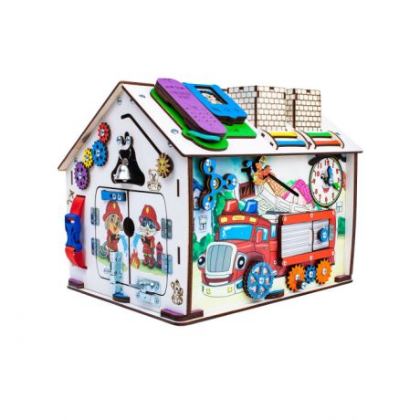 Деревянные игрушки Iwoodplay Бизиборд Домик со светом Пожарные 37x31x31 см