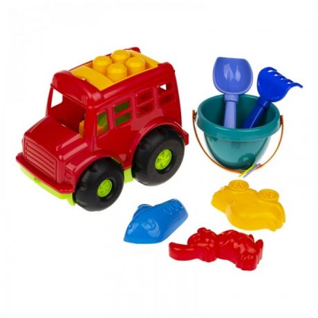 Игрушки в песочницу Colorplast Набор Бусик №3: автобус, ведёрко, лопатка и грабельки, три пасочки