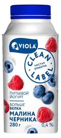 Йогурт питьевой Viola Clean Label Малина черника 0,4%, 280 мл