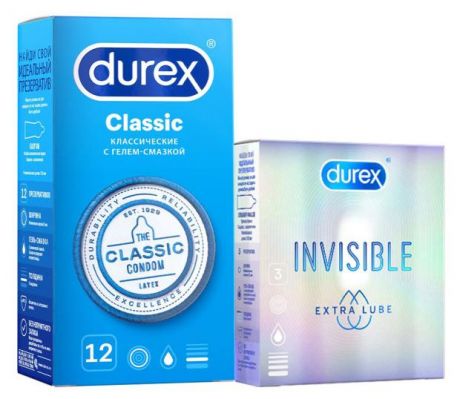 Набор Durex Презервативы Classic 12 шт + Invisible Extra lube 3 шт