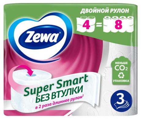 Туалетная бумага Zewa Супер смарт 3 слоя, 4 рулона
