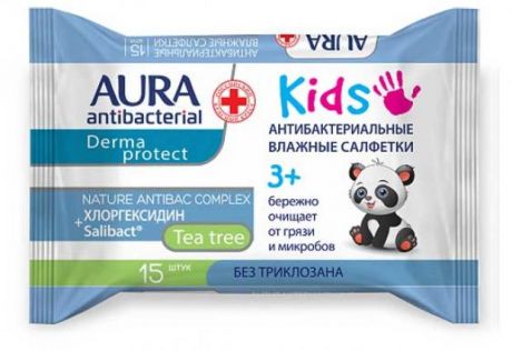 Влажные салфетки детские Aura antibacterial kids антибактериальные 3+, 15 шт