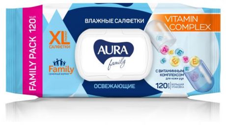 Влажные салфетки освежающие Aura Family big-pack с крышкой, 120 шт