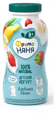 Йогурт питьевой ФрутоНяня клубника банан с 8 месяцев 2,5%, 200 мл