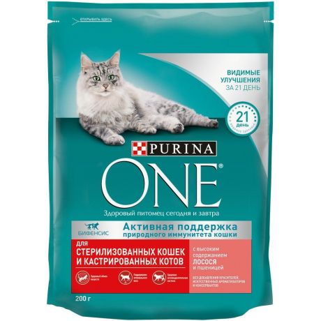 Корм для кошек Purina ONE Sterilised для стерилизованных, с лососем и пшеницей сух. 200г