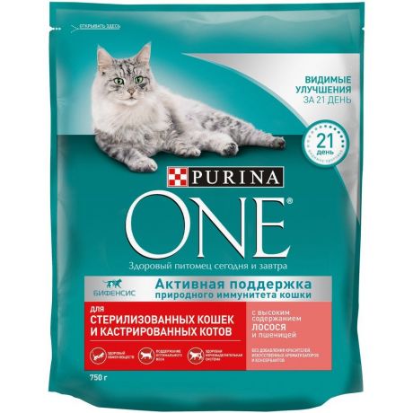 Корм для кошек Purina ONE Sterilised для стерилизованных, с лососем и пшеницей сух. 750г