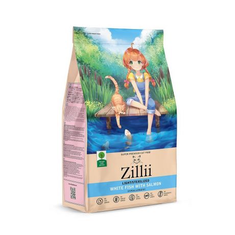 Корм для кошек ZILLII Light/Sterilized Cat с избыт.весом и стерилиз., белая рыба с лососем сух. 2кг