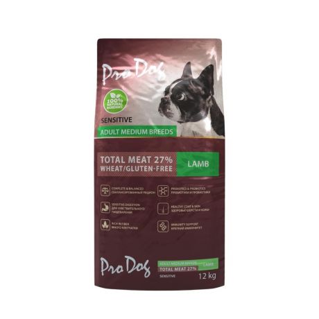 Корм для собак PRO DOG для средних пород с чувствительным пищеварением, ягненок сух. 12кг