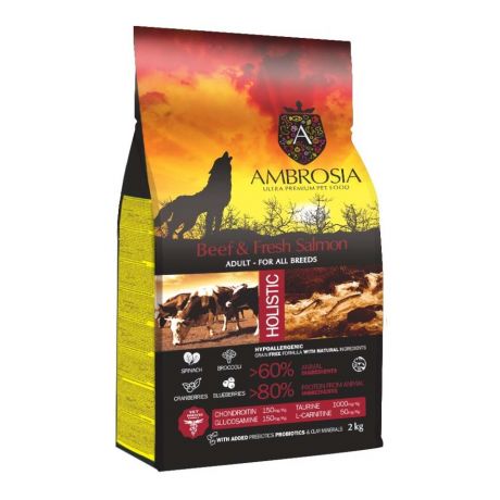 Корм для собак AMBROSIA Grain Free беззерновой для всех пород, с говядиной и свежим лососем 2кг