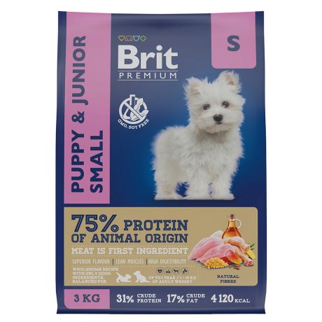 Корм для щенков и молодых собак Brit Premium Dog для мелких пород, курица сух. 3кг