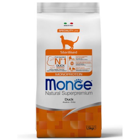 Корм для кошек Monge Monoprotein Sterilised Duck для стерилизованных, утка сух. 1,5кг