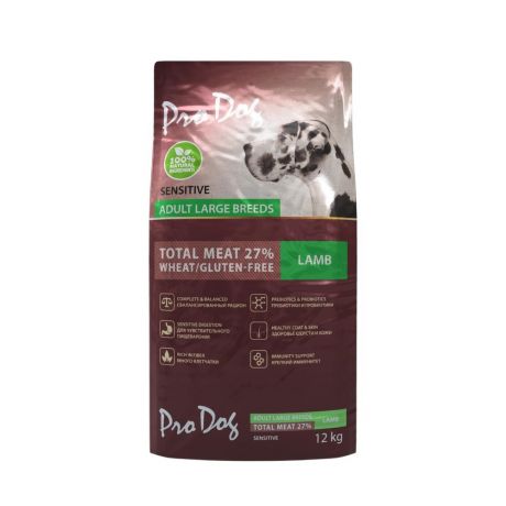 Корм для собак PRO DOG для крупных пород с чувствительным пищеварением, ягненок сух. 12кг