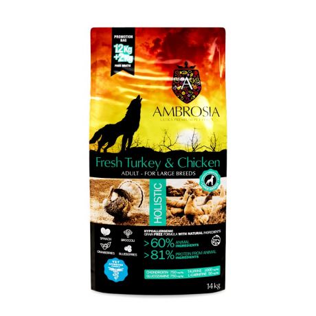 Корм для собак AMBROSIA Grain Free беззерновой для крупных пород, с индейкой и курицей 14кг