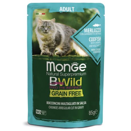 Корм для кошек Monge Cat BWild Grain Free треска с креветками и овощами пауч 85г