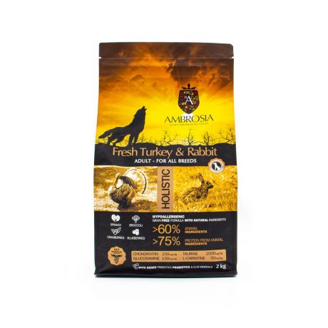 Корм для собак AMBROSIA Grain Free беззерновой для всех пород, с чувствительным пищеварением с индейкой и кроликом 2кг