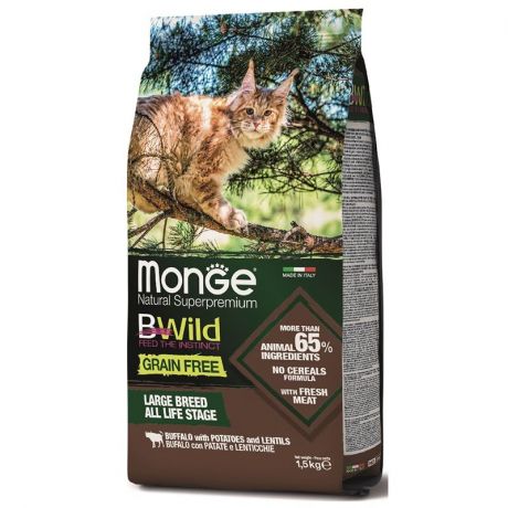 Корм для кошек Monge BWild Grain Free беззерновой для крупных пород, мясо буйвола сух. 1,5кг